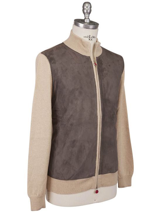 Kiton Kiton Brown Beige Cashmere Leather Suede Sweater Full Zip Brown / Beige 001