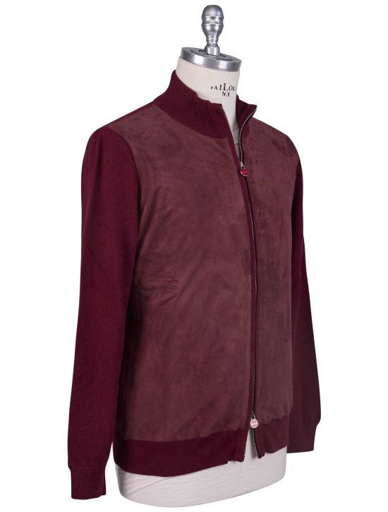 Kiton Kiton Burgundy Leather Suede Cashmere Sweater Full Zip Burgundy 001
