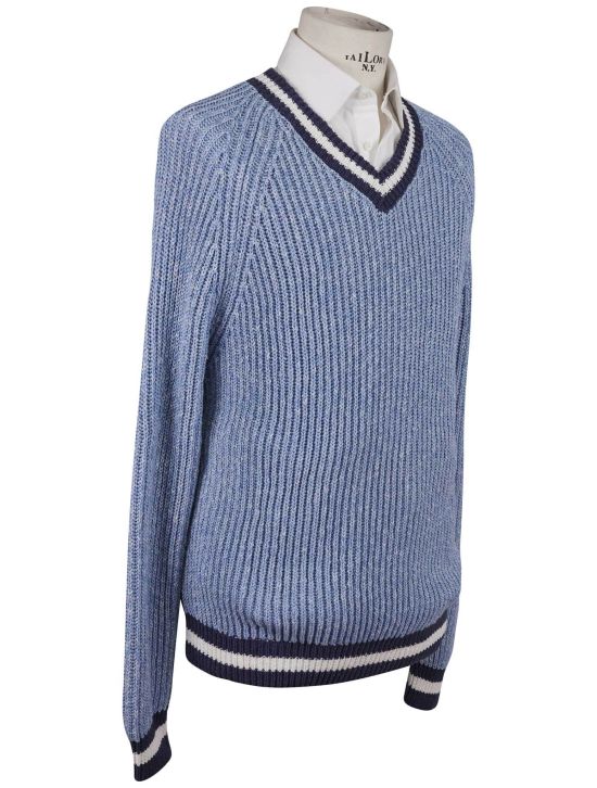Kiton Kiton Light Blue Cotton Linen Sweater V-Neck Light Blue 001